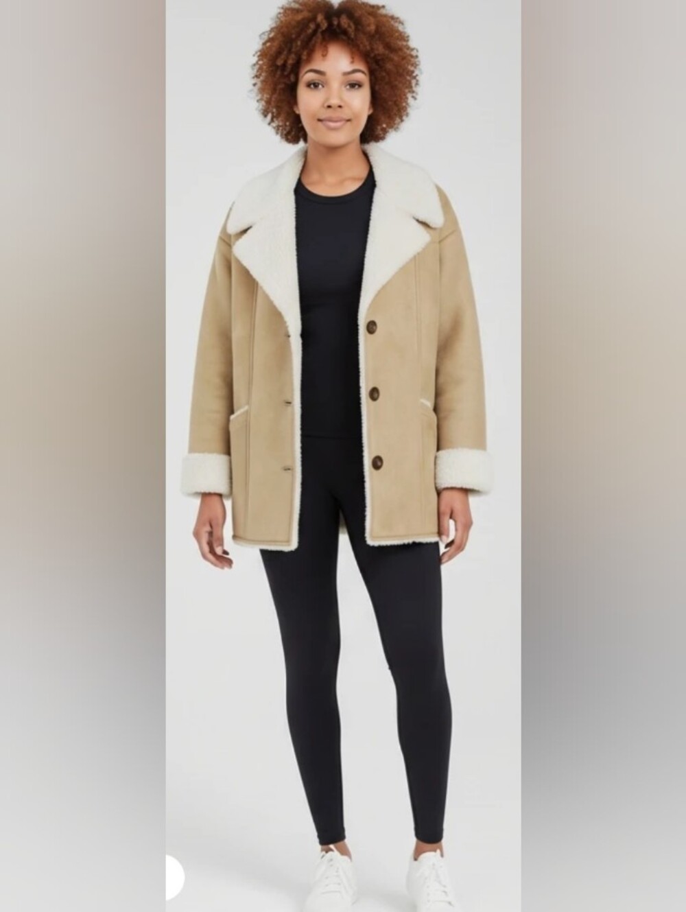 Free People Tan Faux-Shearling Coat with Cream Trim